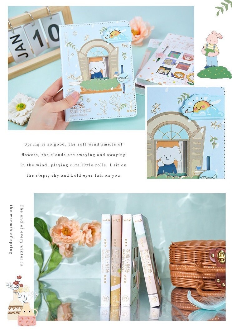 Pink Leather Garden Theater Journal - Magnetic Buckle A5 featuring adorable animal and flower illustrations, whimsical spring scenery, and a motivational quote; ideal for kawaii stationery lovers and journaling enthusiasts.