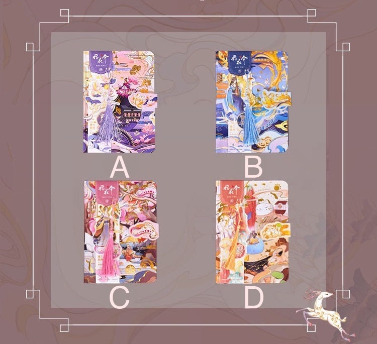 Magnetic Buckle Hard Cover Beauty Journal in Four Designs: A - Purple with Floral and Magical Elements, B - Blue with Stars and Whimsical Patterns, C - Pink with Artistic Waves, D - Red with Elegant Illustrations.