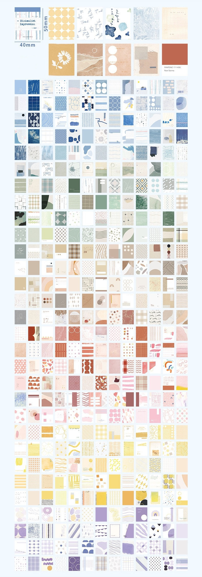 Aesthetic decorative scrapbook paper collection, 400 pages featuring various minimalist and geometric designs in multiple colors including blue, beige, green, pink, yellow, and purple, ideal for creative scrapbooking and journaling.