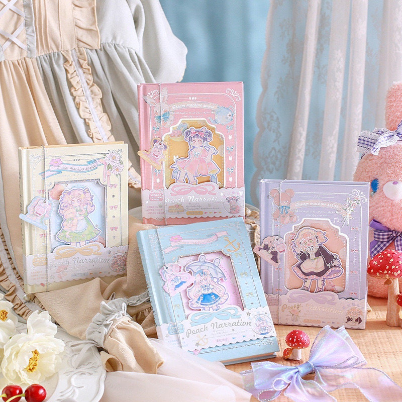 Peach Narration Magnetic Buckle Journal with Bookmark in pastel colors, featuring adorable kawaii-style character illustrations on the covers, decorative details, and cute charms. Ideal for note-taking, journaling, and gifting.