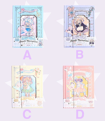 Peach Narration Magnetic Buckle Journal with Bookmark - Four Designs: A) Blue with girl and bunny, B) Purple with girl and bear, C) Yellow with girl and teddy bear, D) Pink with girl and bunny. Kawaii stationary.