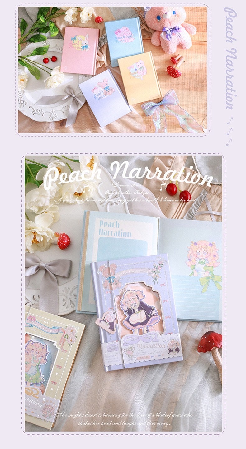 Peach Narration Magnetic Buckle Journal with Bookmark in various pastel colors, featuring cute anime-style characters on the cover, surrounded by decorative props like flowers, a plush bear, and ribbon bows, ideal for kawaii stationery lovers.