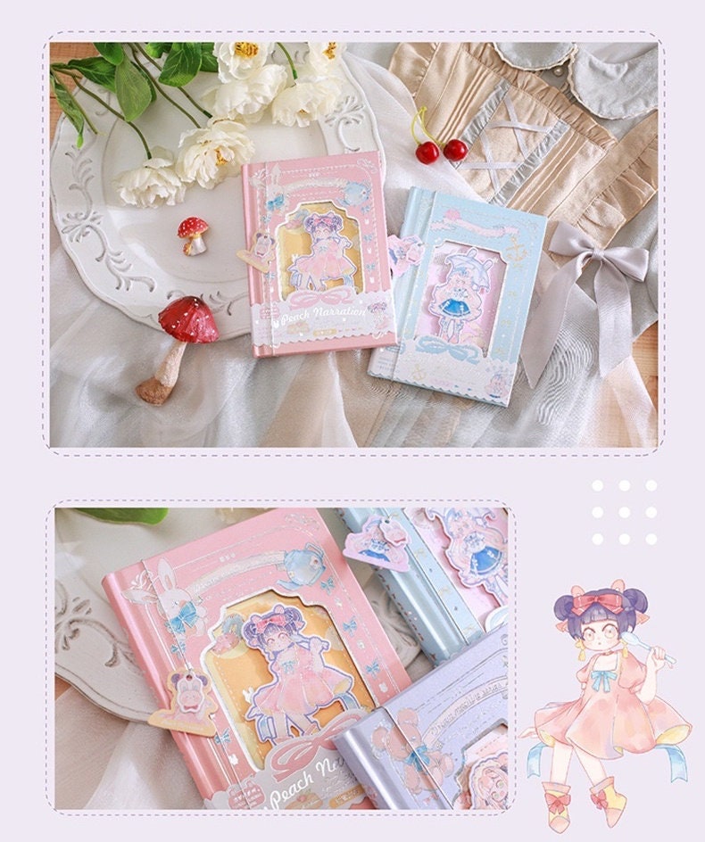 Peach Narration Magnetic Buckle Journal with Bookmark - pink and blue kawaii-themed journals with cute illustrations, flowers, and mushrooms.