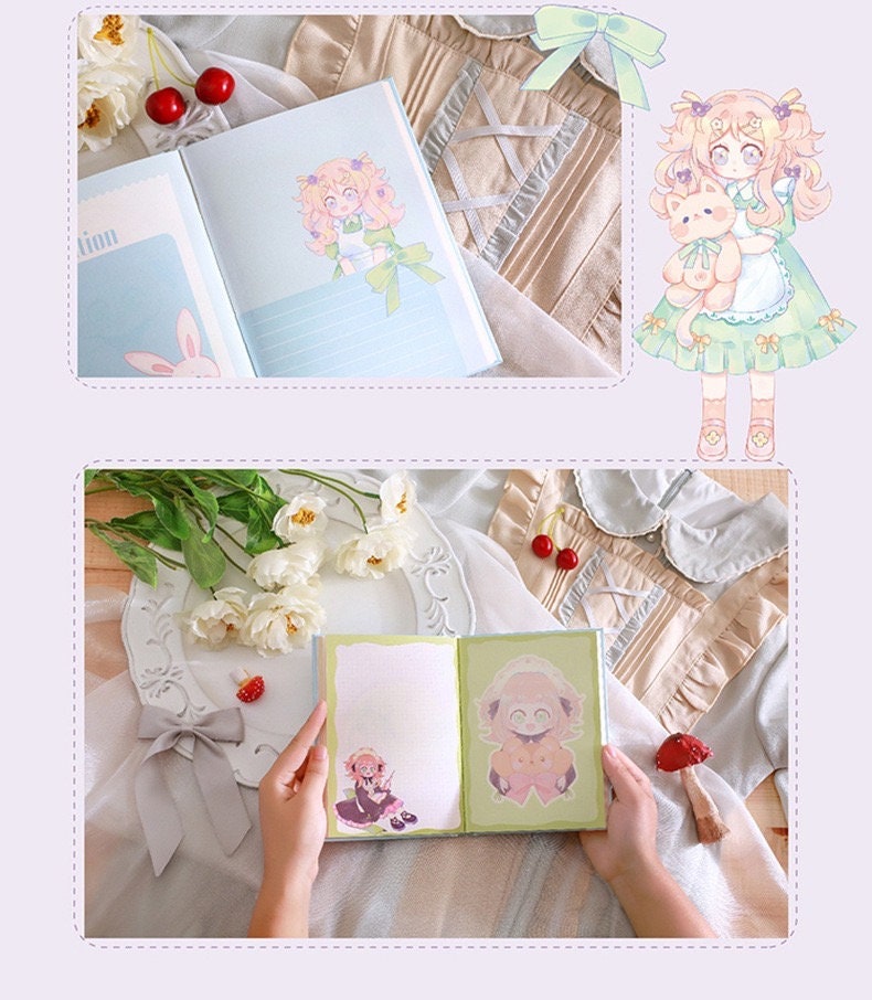 Peach Narration Magnetic Buckle Journal with Bookmark - Kawaii Stationery Featuring Cute Anime Character and Illustrations, Opened to Display Colorful Pages and Bookmarks, Surrounded by White Flowers and Red Cherries, Perfect for Journaling and Note-taking