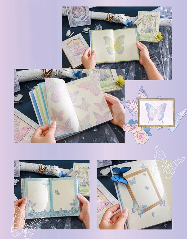 Butterfly Manor A5 Hardcover Notebook with Bookmark, featuring pastel butterfly designs and ornate frames on creamy pages, displayed on a decorative background with hands leafing through the pages.