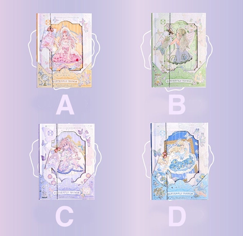 Butterfly Manor A5 Hardcover Notebook with Bookmark in four designs: A (pink with a character in a dress), B (green with a character reading), C (purple with a character in a lavender outfit), D (blue with a sleeping character).