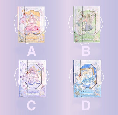 Butterfly Manor A5 Hardcover Notebook with Bookmark in four designs: A) Pink and yellow cover with a girl in a pink dress, B) Green and lilac cover with a girl in a green dress, C) Lavender and purple cover with a girl in a lavender dress, D) Blue and white cover with a girl in a blue dress.