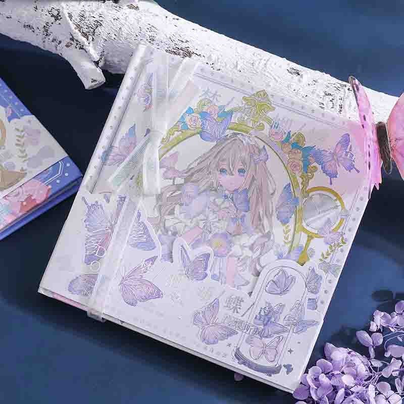 Dream of Butterfly Hardcover Notebook with Bookmark featuring an anime-style girl and butterfly design, kawaii stationery.