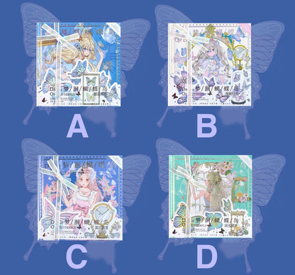 Dream of Butterfly Hardcover Notebook with Bookmark in four designs: A - Blue Cover with Blonde Girl and Butterflies, B - White Cover with Fairy Girl and Flowers, C - Blue Cover with Pink-Haired Girl and Globe, D - Green Cover with Girl and Swing.