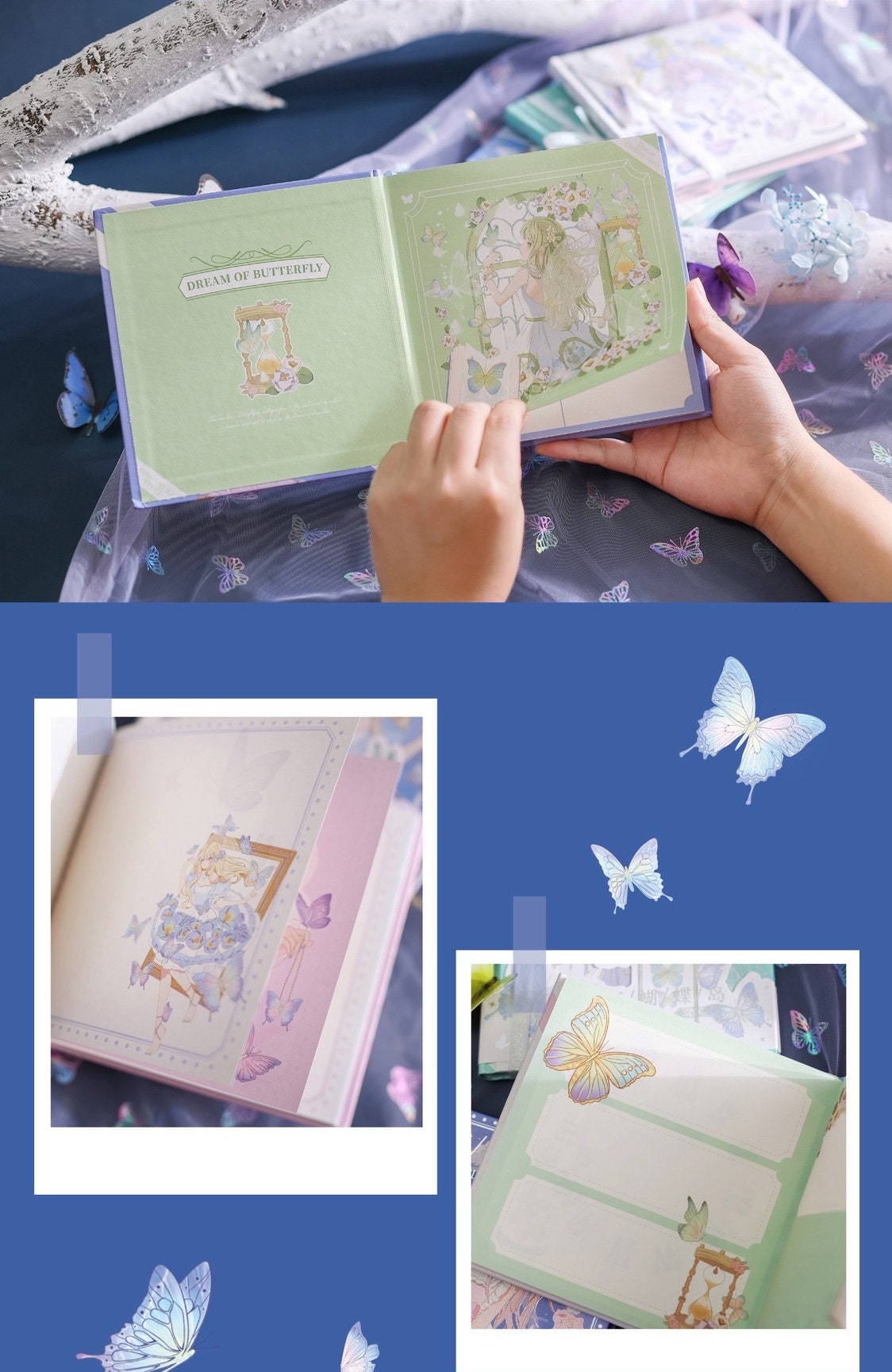 Dream of Butterfly Hardcover Notebook with Bookmark, featuring whimsical butterfly and fairy illustrations, perfect for journaling and note-taking in kawaii style.