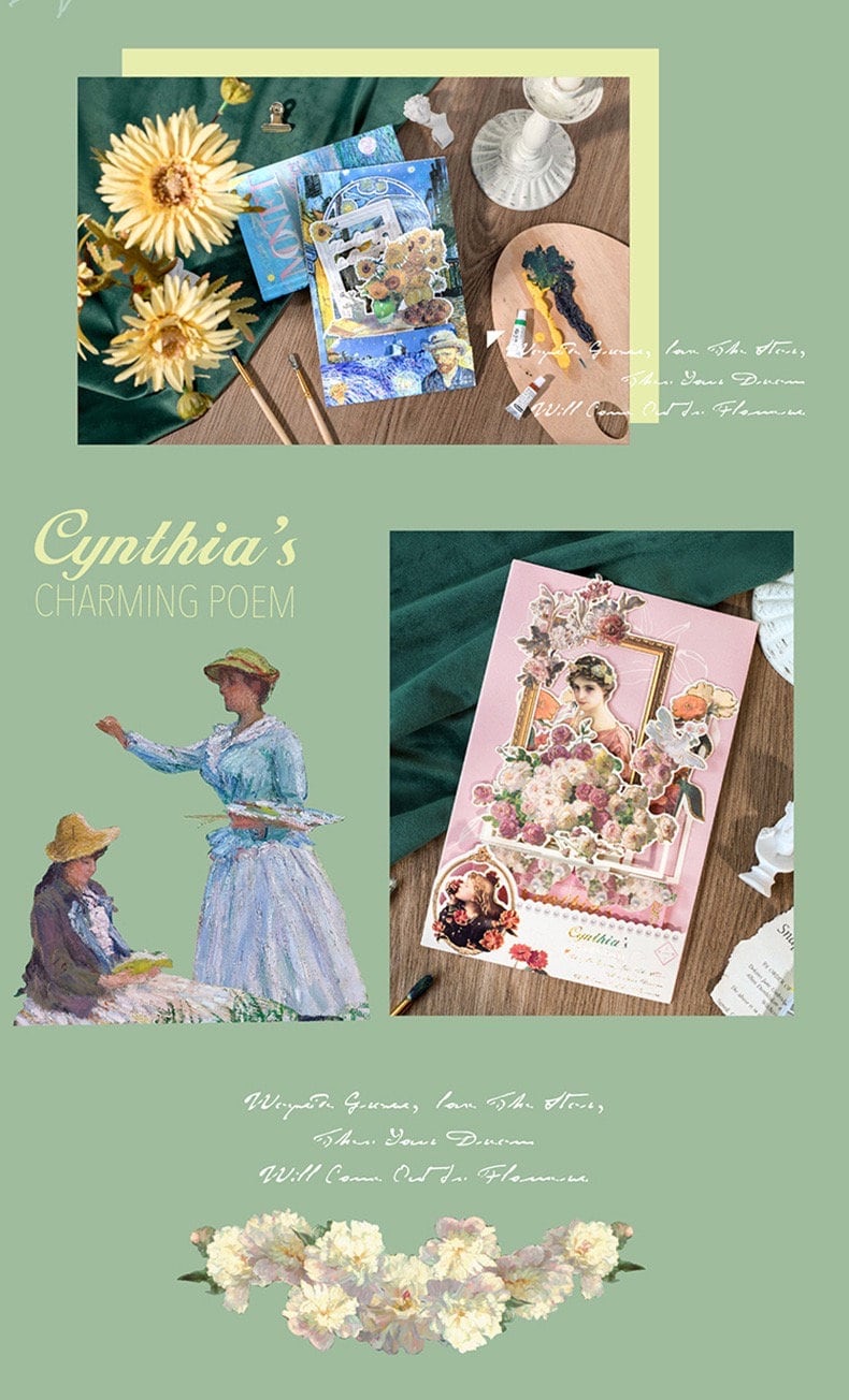 Aesthetic oil painting pop-up greeting card with floral and vintage art designs on a wooden table, surrounded by painting supplies, yellow flowers, and antique decor elements.