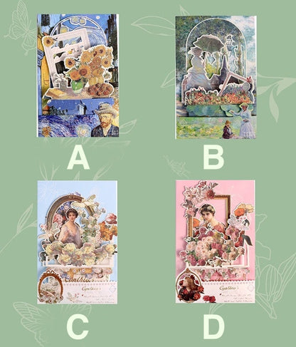 Aesthetic Oil Painting Pop-Up Greeting Card, featuring four designs: A) Van Gogh-inspired sunflower and starry night scene, B) Monet's garden with parasol lady, C) Romantic vintage woman with floral background, D) Elegant lady in pink with surrounding flowers.