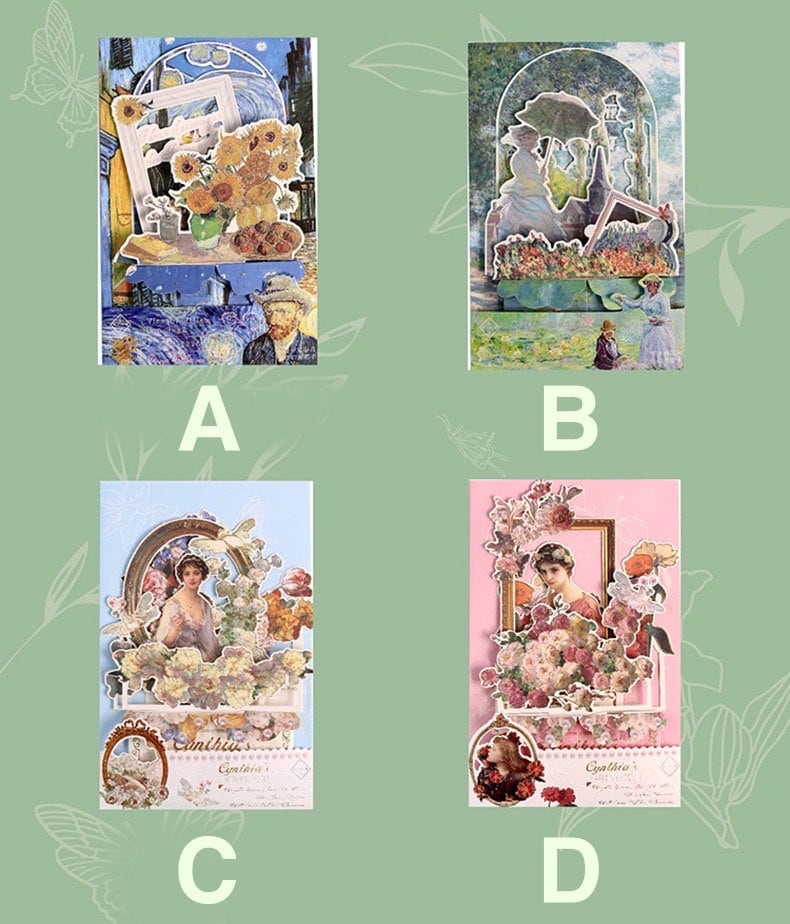 Aesthetic Oil Painting Pop-Up Greeting Card in four designs against green background. Design A with sunflowers and a famous Dutch painter, design B with a woman under an umbrella in a garden, design C with a classical woman portrait and pastel flowers, design D with a romantic woman portrait and vibrant flowers.