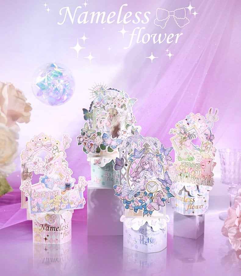 3D Flower and Butterfly Pop-Up Greeting Card in pastel tones with intricate designs of flowers and butterflies. Perfect for anniversaries, birthdays, and special occasions. Unique kawaii stationery item with elegant pop-up elements.