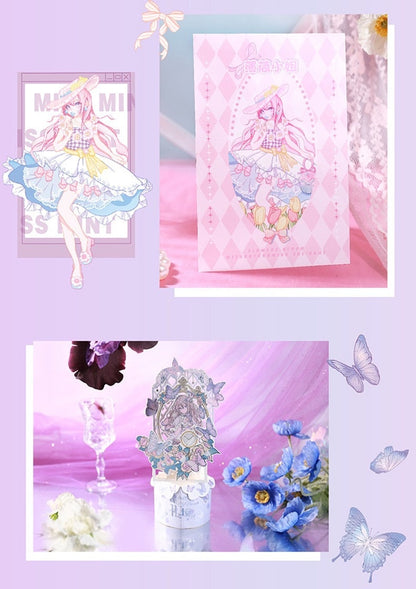 3D Flower and Butterfly Pop-Up Greeting Card featuring a whimsical design with a delicate girl in a pastel-colored dress, surrounded by vibrant flowers and butterflies. Perfect for special occasions and celebrations. Kawaii stationery for birthdays, anniversaries, and heartfelt messages.