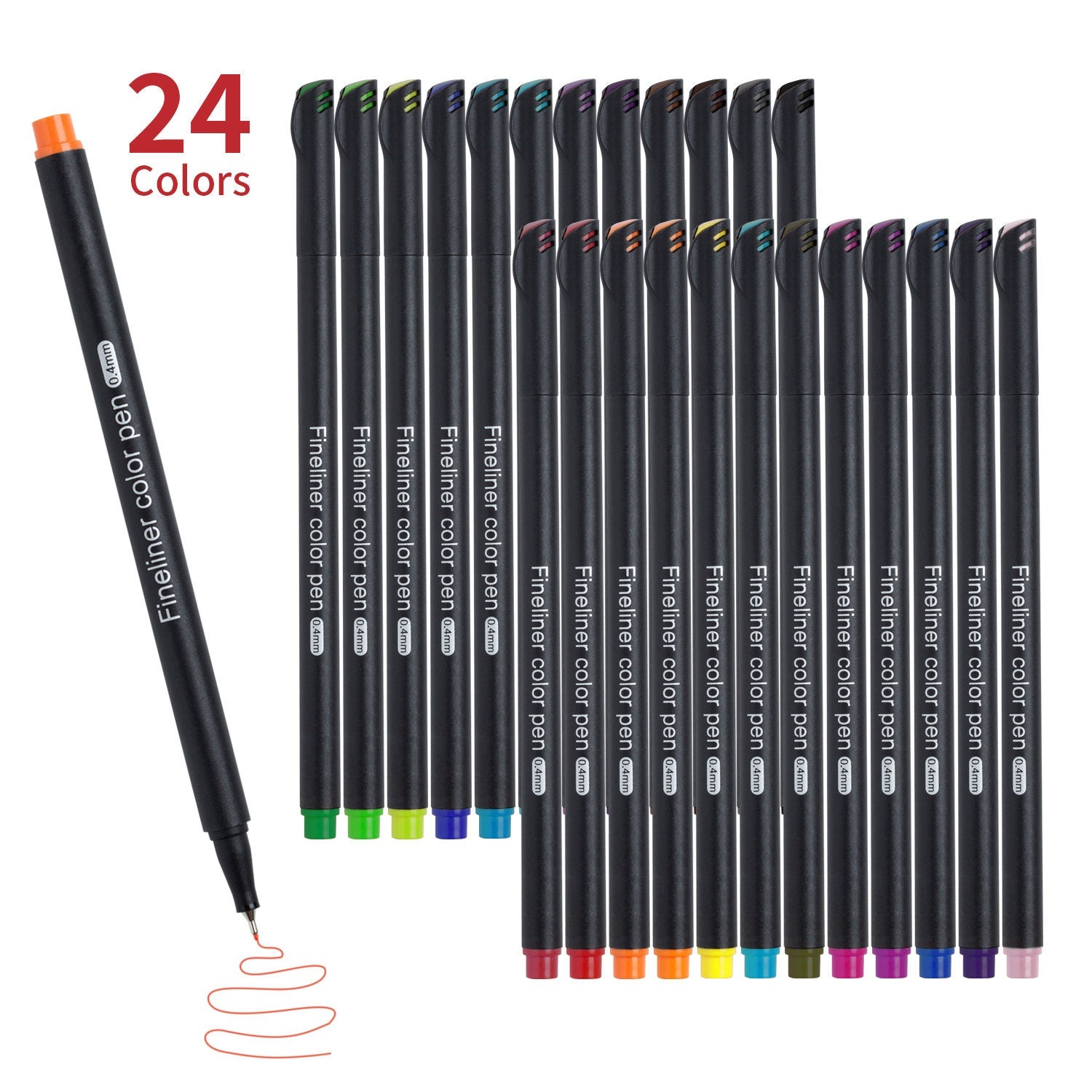 24-Color Fineliner Pens Set for Journals & Art - Black barrel pens with different colored caps displayed in a row with one pen drawing an orange line.