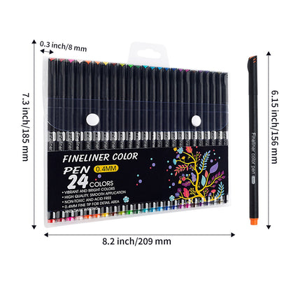 24-Color Fineliner Pens Set for Journals & Art, vibrant and bright 0.4mm fine tip pens, high-quality and smooth application, non-toxic and acid-free, perfect for journaling, bullet journals, and detailed artwork.