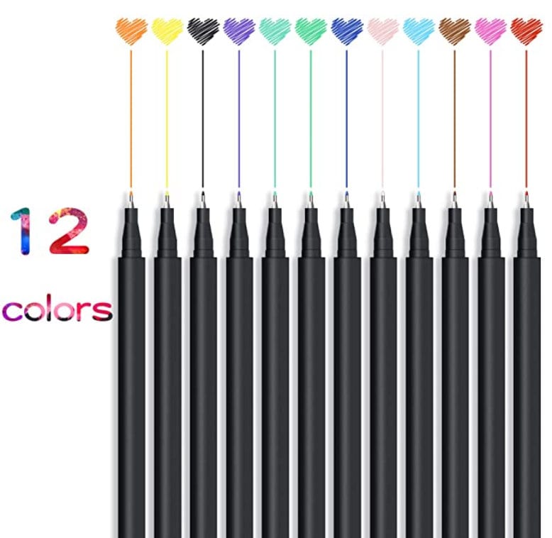 12-Color Fineliner Pens Set for Journals and Art with black barrels and colored tips, featuring vibrant shades including yellow, orange, black, blue, green, purple, pink, brown, and red. Ideal for drawing, writing, and coloring.