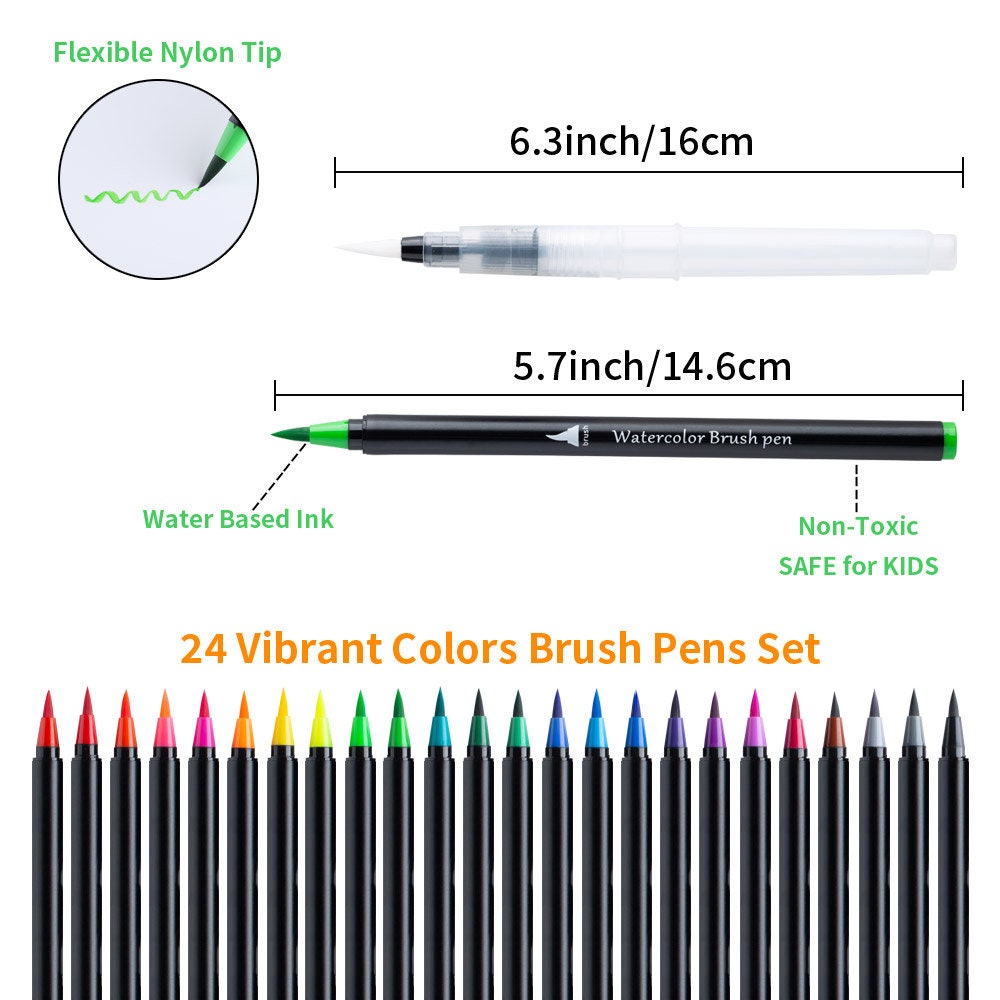 Watercolor Brush Pens 24 Vibrant Colors Set with Soft Flexible Nylon Tips, Water Based Ink, Non-Toxic and Safe for Kids, Ideal for Artists and Craft Enthusiasts