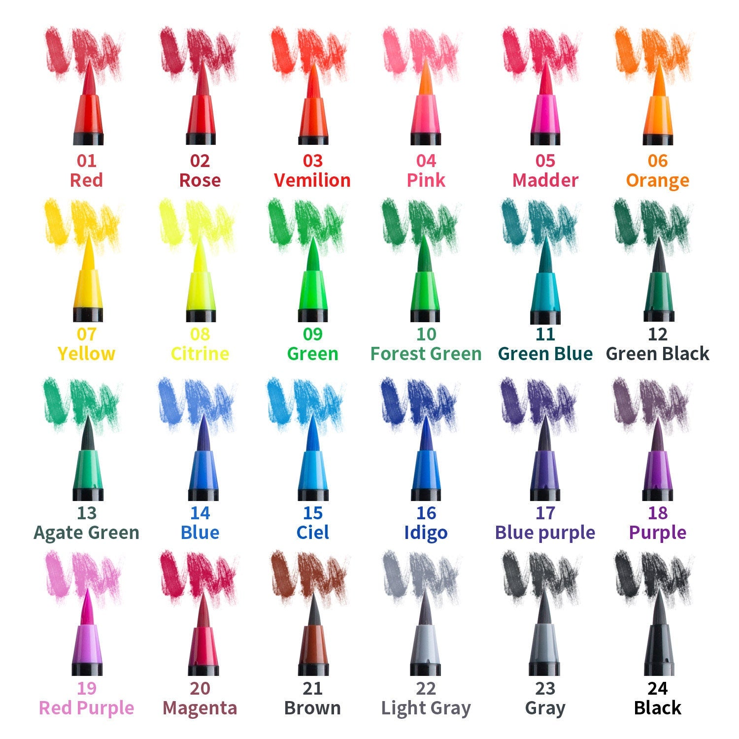 Watercolor Brush Pens - 24 Vibrant Soft Nylon Tips arranged in rows, showcasing colors like Red, Rose, Vermilion, Pink, Madder, Orange, Yellow, Citrine, Green, Forest Green, Green Blue, Green Black, Agate Green, Blue, Ciel, Indigo, Blue Purple, Purple, Red Purple, Magenta, Brown, Light Gray, Gray, and Black.