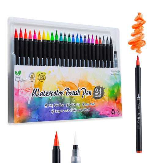 Watercolor Brush Pens set with 24 vibrant colors, featuring soft nylon tips for easy blending.