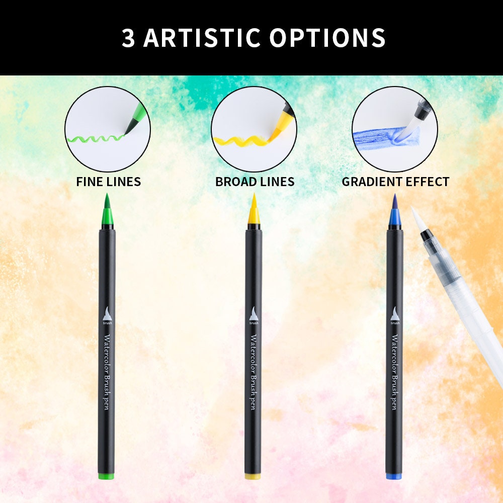 48 Vibrant Watercolor Brush Pens with precision soft tips for fine lines, broad lines, and gradient effects; shown in green, yellow, and blue colors on a watercolor background.