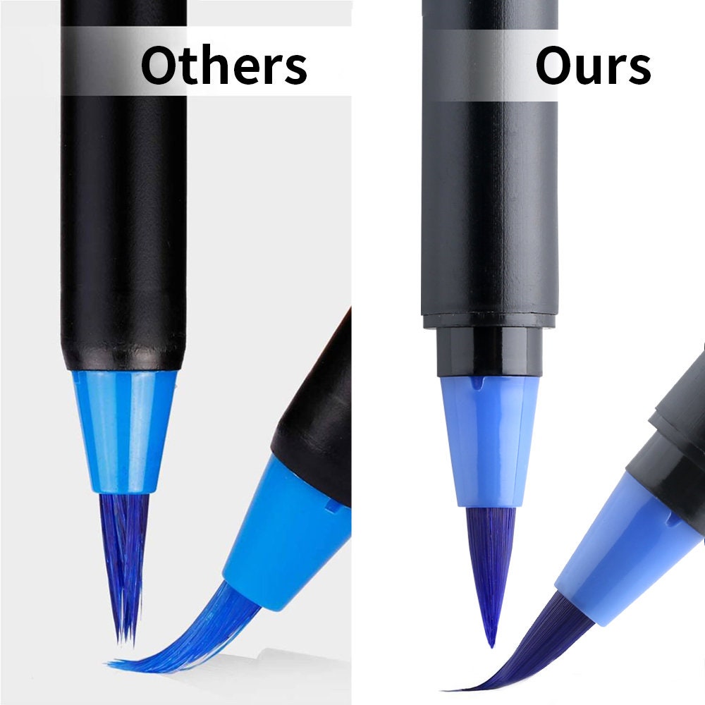 Comparison of watercolor brush pens showing "Others" with rough tips versus "Ours" with precision soft tips, highlighting the superior quality of 48 vibrant watercolor brush pens.