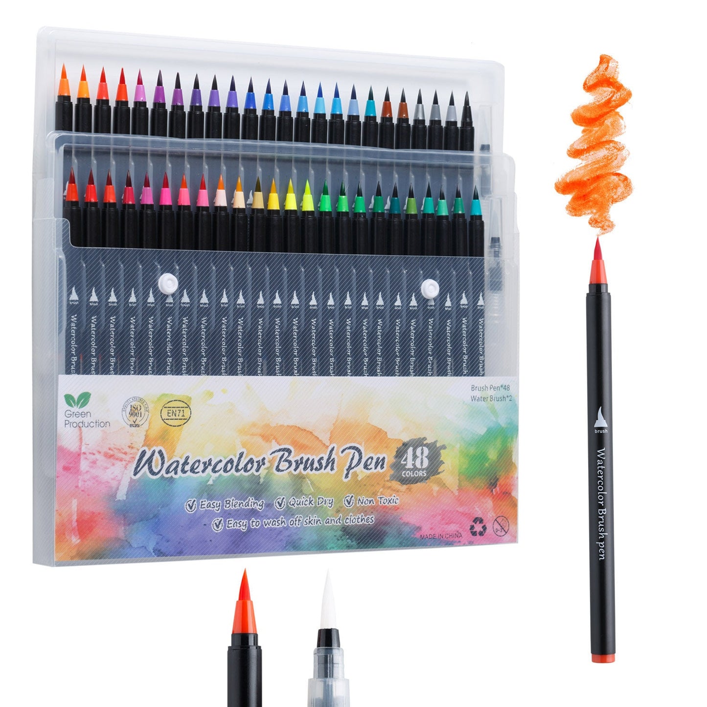 48 vibrant watercolor brush pens with precision soft tips, arranged in a sturdy plastic case, showcasing various colors and one pen illustrating smooth, orange brush strokes.