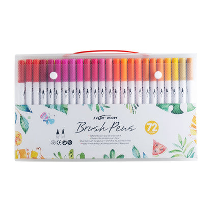 72 Colors Dual Tip Brush Marker Set, vibrant multicolored ink, perfect for art projects, lettering, illustration, and coloring, non-toxic, waterproof, acid-free, brush and fine tips for precision and versatility, comes in a clear plastic case with handle, ideal for artists, designers, and hobbyists.