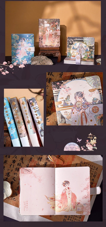 Asian Beauty Leather Planner with Metal Bookmark featuring elegant floral and traditional Asian artwork. Detailed illustrations of women in classical attire adorn the cover and interior pages. Books are shown with intricate side bindings and vibrant colors. Ideal for organizing, journaling, and gifting. Kawaii stationery, high-quality leather, and artistic metal bookmark included.