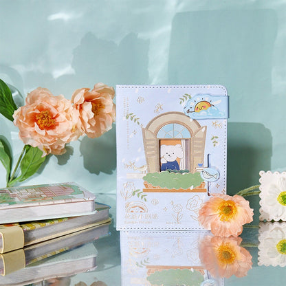 Pink Leather Garden Theater Journal - Magnetic Buckle A5 featuring an adorable bear character at a window with flower illustrations, surrounded by pastel flowers.