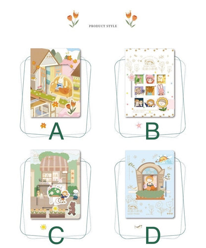 Pink Leather Garden Theater Journal - Magnetic Buckle A5 in four designs: A - pastel house with yellow flowers, B - colorful animal characters on white background, C - flower shop scene with cute characters, D - girl and bird at a window on light blue background.