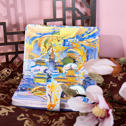 Magnetic Buckle Hard Cover Beauty Journal with intricate, colorful designs of traditional Asian architecture and mythical creatures on a decorative backdrop with flowers.