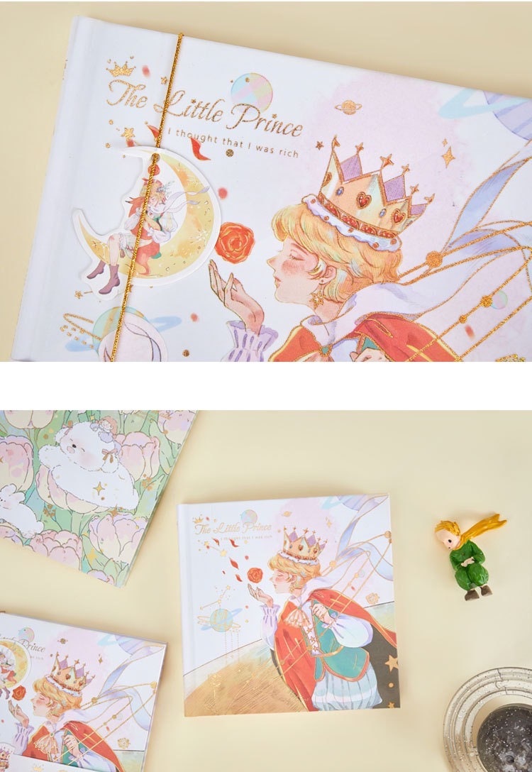 Prince and Waltz Notebook - Colorful Hard Cover Journal featuring whimsical illustrations of a prince wearing a crown, a rose, and celestial elements.