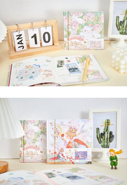 Prince and Waltz Notebook - Colorful Hard Cover Journal with kawaii illustrations, open pages, and decorative desk accessories including a cactus frame, calendar, and figurine.