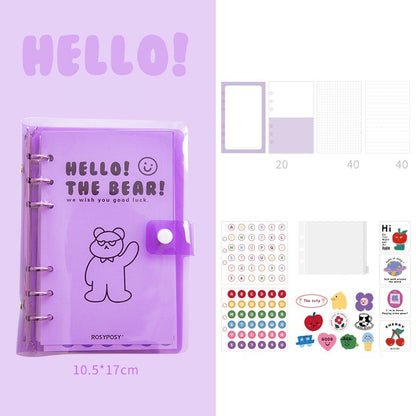 A6 Loose Leaf Planner with Stickers and Cards - Purple kawaii planner with bear design, includes refillable pages, colorful stickers, and decorative cards. Perfect for organizing and personalizing your notes.