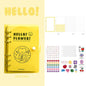 A6 Loose Leaf Planner with Stickers and Cards featuring a yellow cover with a smiling flower design, including cute emoji stickers, alphabet stickers, adorable animal and fruit cards, and various refill pages with grid, lined, and blank paper.