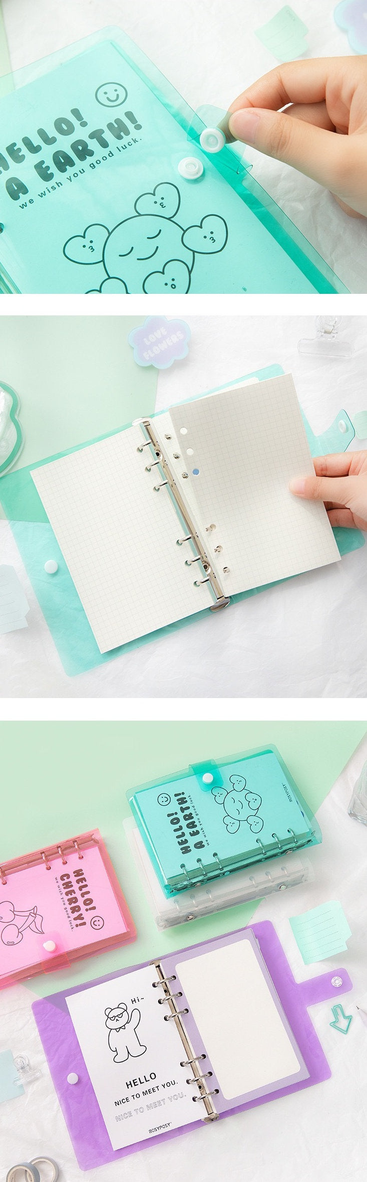 A6 loose leaf planner with stickers and cards, featuring cute kawaii designs, pastel covers, and grid paper inserts