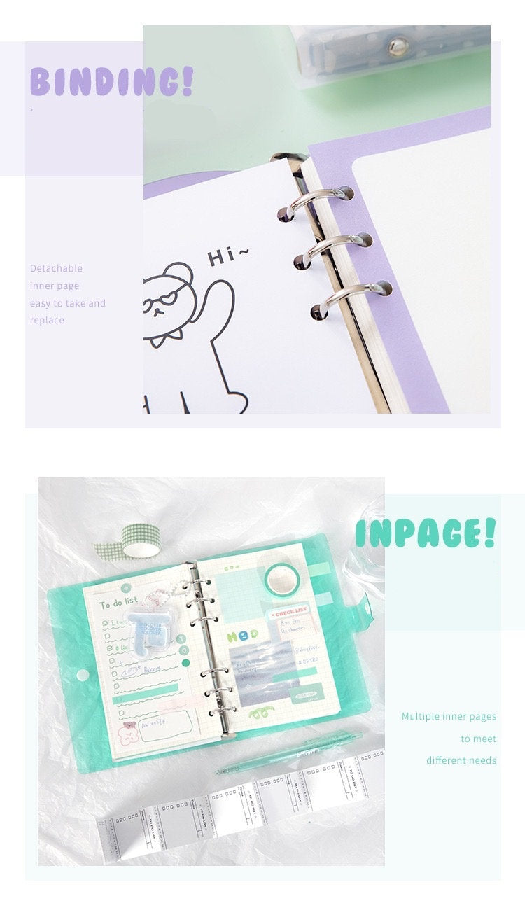 A6 Loose Leaf Planner with Stickers and Cards, featuring pastel purple pages, detachable inner pages with a cute character drawing, and organizational stickers.