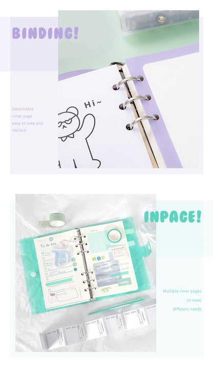 A6 Loose Leaf Planner with Stickers and Cards, featuring pastel purple pages, detachable inner pages with a cute character drawing, and organizational stickers.