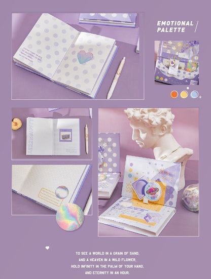 Emotional Palette A5 Notebook with Bookmark and 3D Pages featuring kawaii designs, pastel colors, and a cute heart illustration.