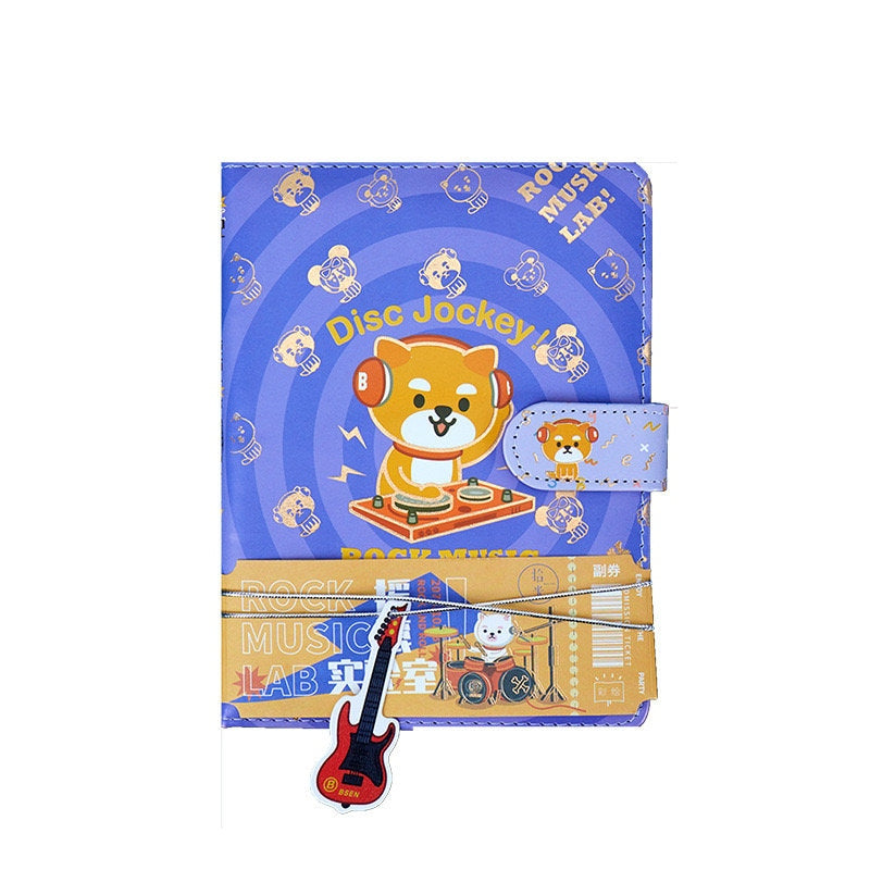 Rock Music Leather Journal with Magnetic Buckle in purple and orange, featuring a cute dog DJ design, 224 pages, kawaii stationery.