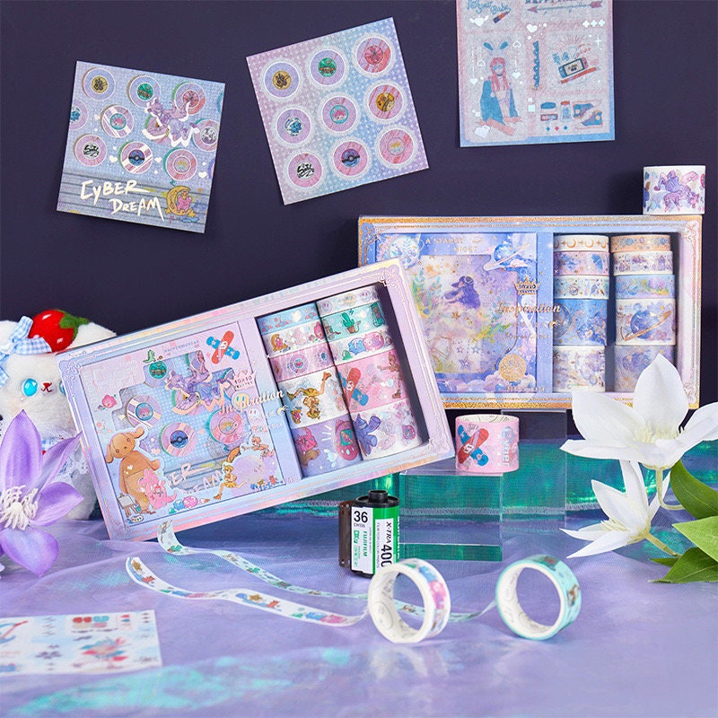 Fairy Tale Washi Tape & Stickers Set displayed with colorful decorative designs, perfect for art and craft projects and an ideal gift for stationery lovers.