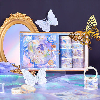 Fairy Tale Washi Tape & Stickers Set - Ideal Gift, featuring blue and gold magical designs, displayed in ornate packaging with butterflies and a golden mirror backdrop.