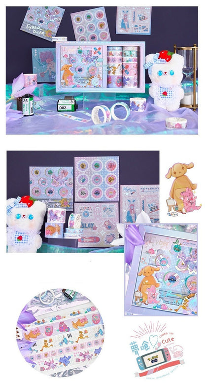 Fairy Tale Washi Tape & Stickers Set displayed with enchanting designs, cute animal characters, and pastel colors; includes rolls of washi tape and various sticker sheets perfect for planners, journaling, and crafts; ideal gift for stationery lovers; kawaii stationery set with magical themes.