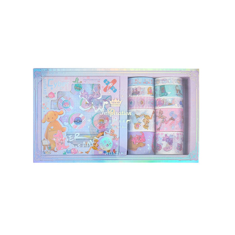 Fairy Tale Washi Tape and Stickers Set in pastel colors, perfect for scrapbooking, journaling, and DIY crafts. Ideal gift for stationery enthusiasts.