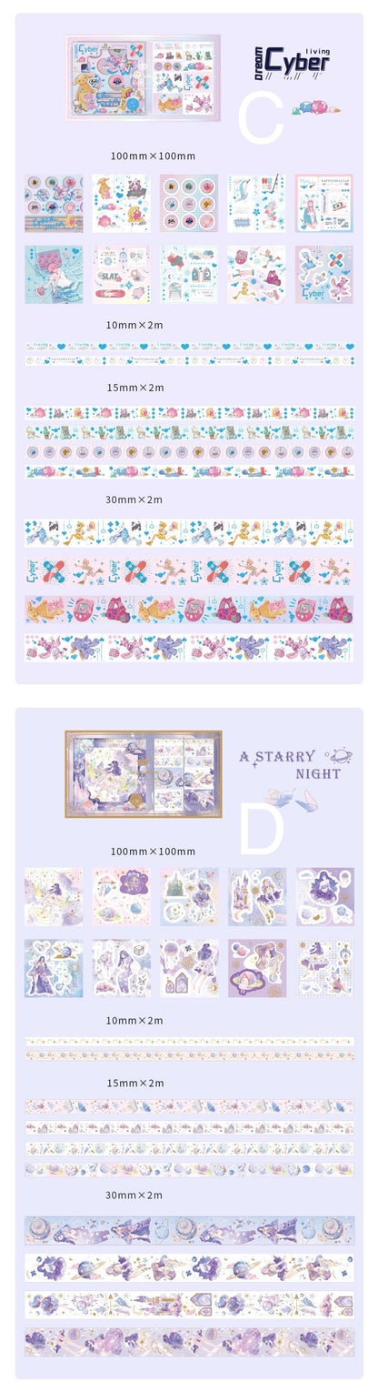 Fairy Tale Washi Tape & Stickers Set - Ideal Gift, featuring whimsical designs in pastel colors. Includes multiple sheets of themed stickers and rolls of decorative washi tape in varying widths. Perfect for journaling, scrapbooking, and crafts.