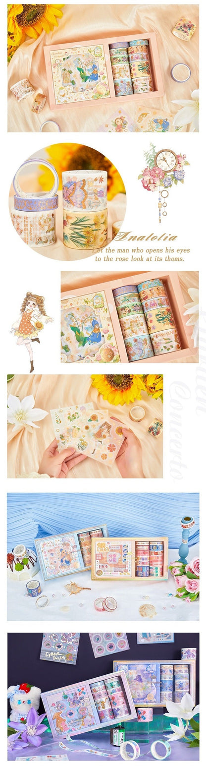 Fairy Tale Washi Tape & Stickers Set in a gift box, featuring whimsical designs, floral patterns, and cute characters on a silky backdrop with sunflowers and decorative elements, ideal for scrapbooking and planners.