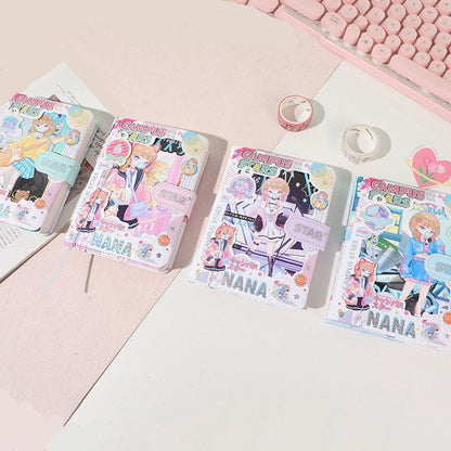 NANA Campus Stars A6 Leather Notebook with Bookmark, featuring cute anime illustrations on the cover, displayed with kawaii stationery items on a light pink and white desk.