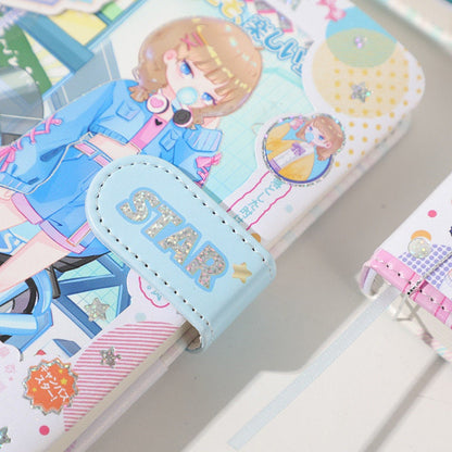 NANA Campus Stars A6 leather notebook with bookmark, featuring a kawaii anime girl design, pastel colors, and "STAR" text on the clasp.